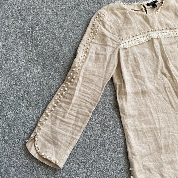 ♥ J. Crew Linen Beige Long Sleeved Blouse with Appliques Size 0     - D - Picture 4 of 9